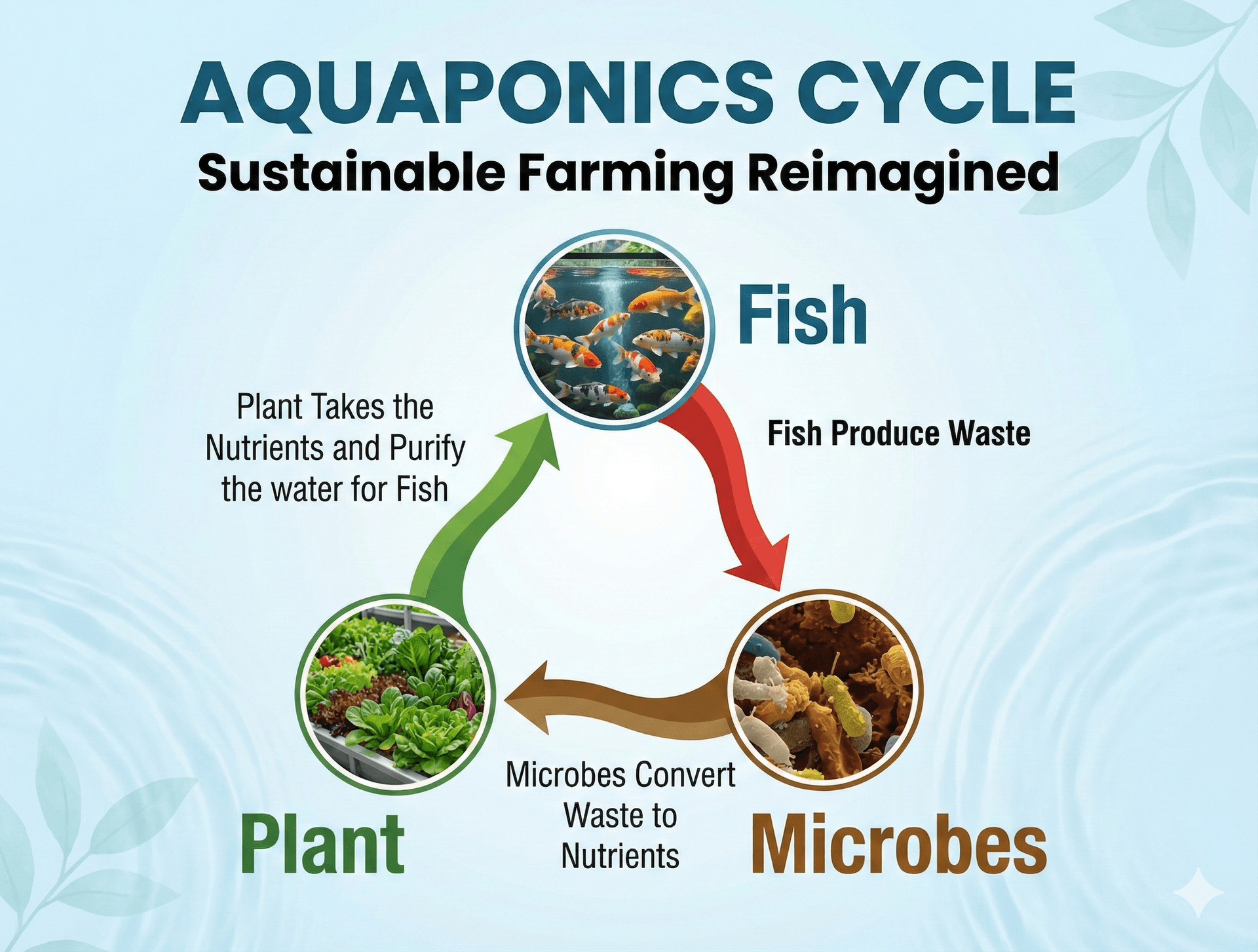 Aquaponics Cycle Diagram showing recirculating flow between fish, bacteria, and plants